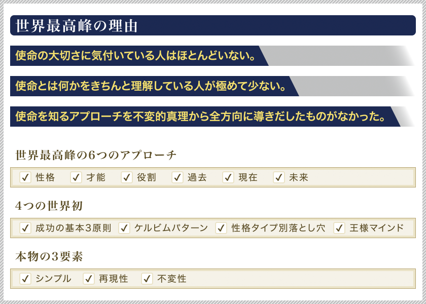 世界最高峰の理由　世界最高峰の6つのアプローチ　4つの世界初　本物の3要素